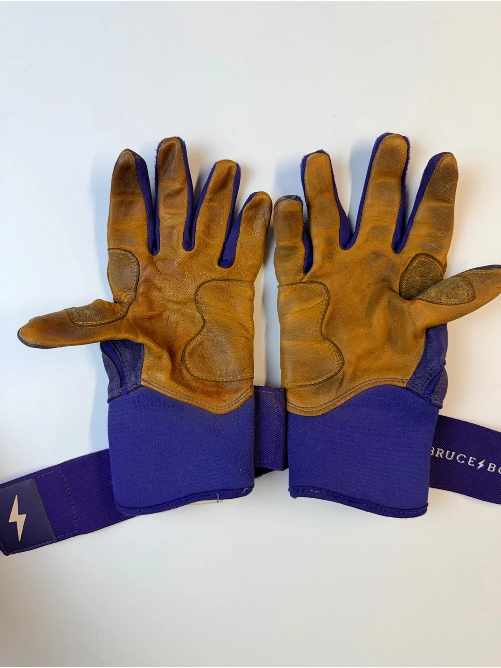 Bruce Bolt Purple and Tan Leather Gloves w/ Wrist Strap & Pink Bolt Mens Small